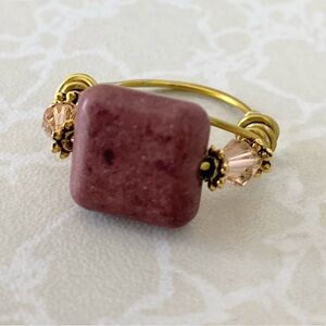 Gold-Tone Ring with Brown Ceramic and Pink Crystal beads size 5